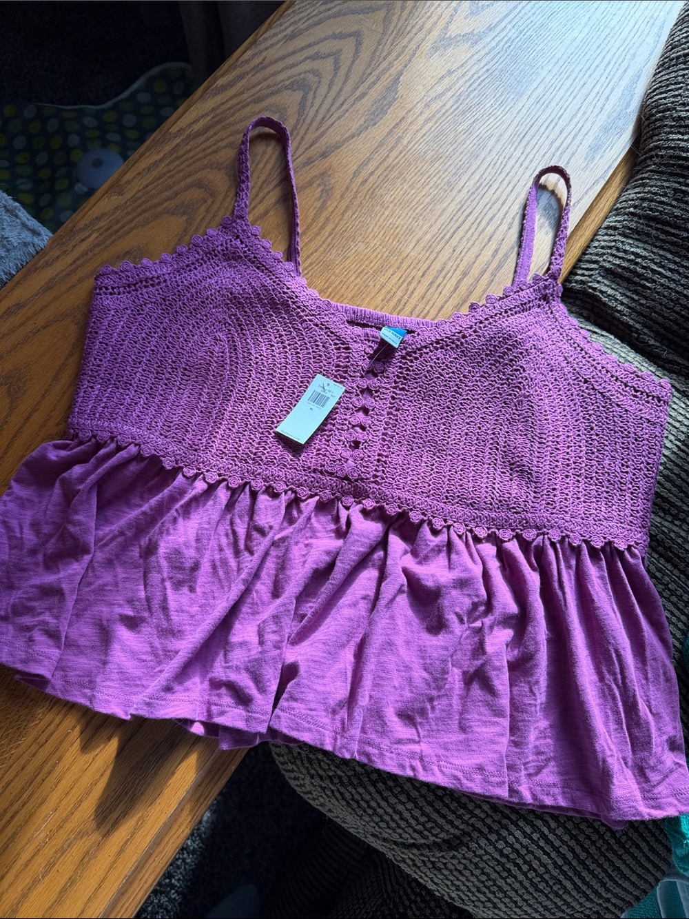 Old Navy Purple Crocheted Spaghetti Strap Peplum Tank